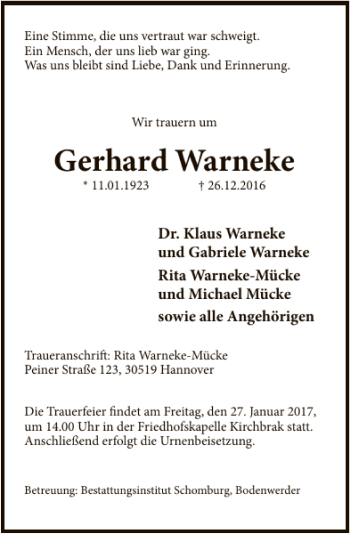 Traueranzeige von Gerhard Warneke von Deister- und Weserzeitung