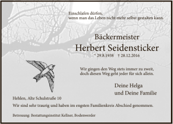 Traueranzeige von Herbert Seidensticker von Deister- und Weserzeitung