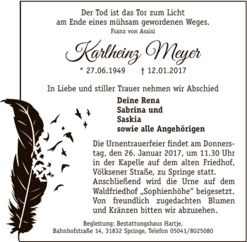 Traueranzeige von Karlheinz Meyer von Deister- und Weserzeitung