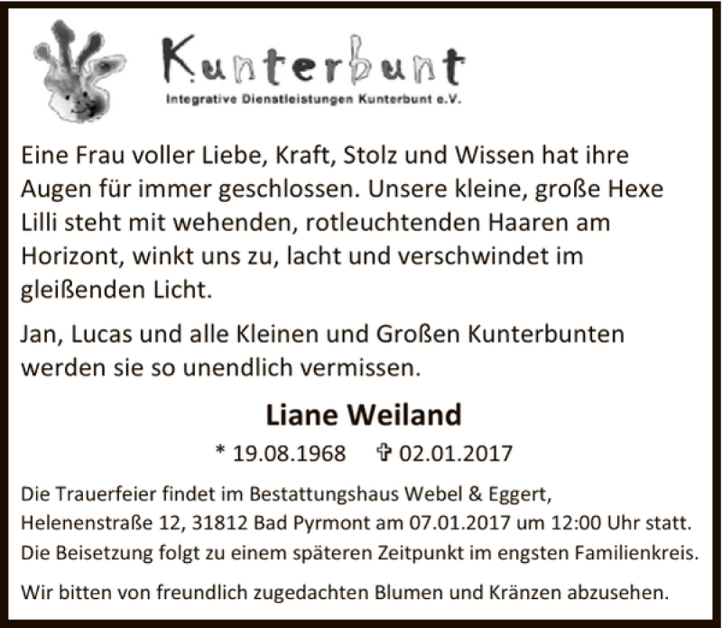  Traueranzeige für Liane Weiland vom 05.01.2017 aus Deister- und Weserzeitung