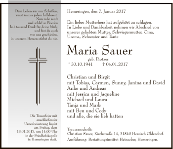 Traueranzeige von Maria Sauer von Deister- und Weserzeitung