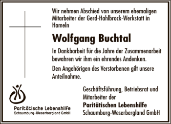 Traueranzeige von Nachruf Wolfgang Buchtal von Deister- und Weserzeitung
