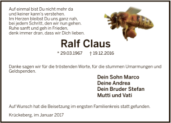Traueranzeige von Ralf Claus von Deister- und Weserzeitung