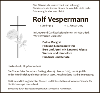 Traueranzeige von Rolf Vespermann von Deister- und Weserzeitung
