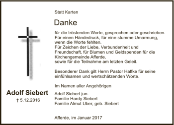 Traueranzeige von Siebert Adolf Dank von Deister- und Weserzeitung