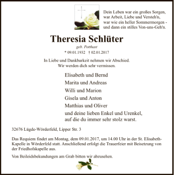 Traueranzeige von Theresia Schlüter von Deister- und Weserzeitung
