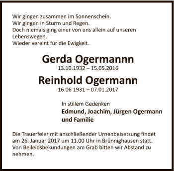 Traueranzeige von Gerda und Reinhold Ogermann von Deister- und Weserzeitung