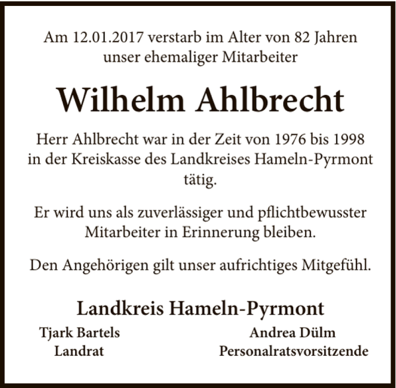  Traueranzeige für Wilhelm Ahlbrecht vom 19.01.2017 aus Deister- und Weserzeitung