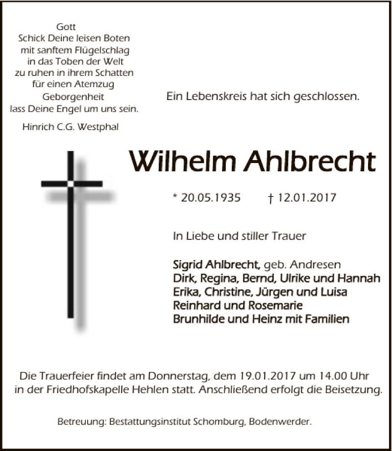  Traueranzeige für Wilhelm Ahlbrecht vom 14.01.2017 aus Deister- und Weserzeitung