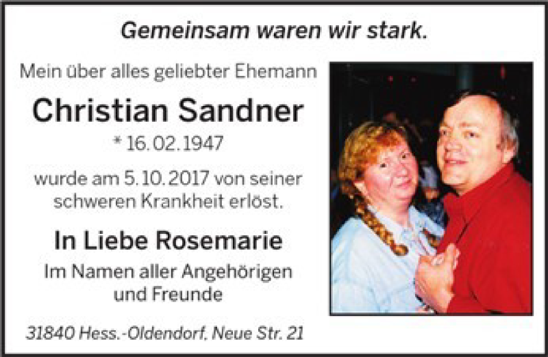  Traueranzeige für Christian Sandner vom 14.10.2017 aus Deister- und Weserzeitung