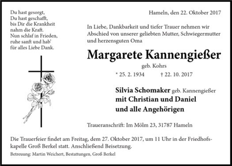  Traueranzeige für Margarete Kannengießer vom 25.10.2017 aus Deister- und Weserzeitung