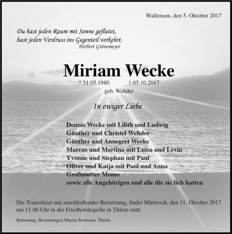  Traueranzeige für Miriam Wecke vom 10.10.2017 aus Deister- und Weserzeitung