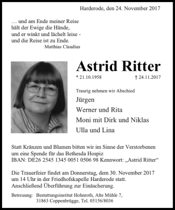 Traueranzeige von Astrid Ritter von Deister- und Weserzeitung