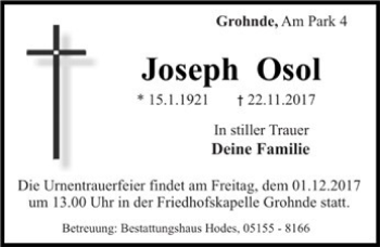 Traueranzeige von Joseph Osol von Deister- und Weserzeitung