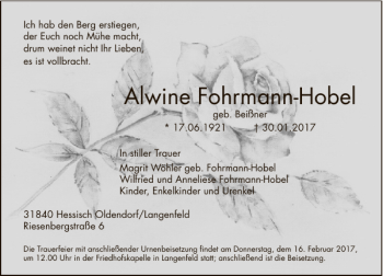 Traueranzeige von Alwine Fohrmann-Hobel von Deister- und Weserzeitung