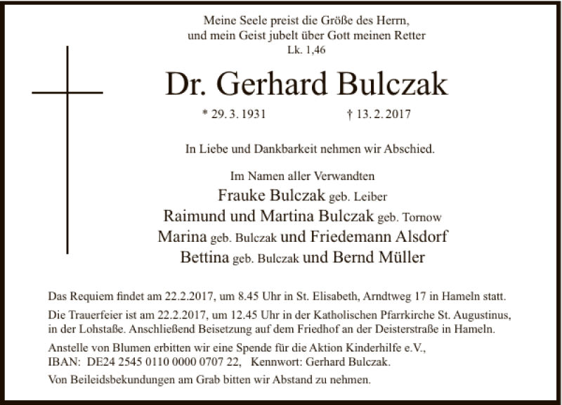  Traueranzeige für Dr. Gerhard Bulczak vom 16.02.2017 aus Deister- und Weserzeitung
