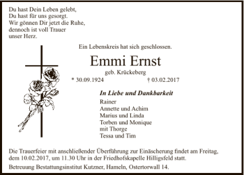 Traueranzeige von Emmi Ernst von Deister- und Weserzeitung