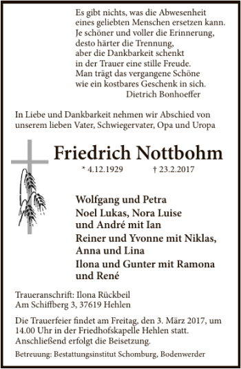 Traueranzeige von Friedrich Nottbohm von Deister- und Weserzeitung
