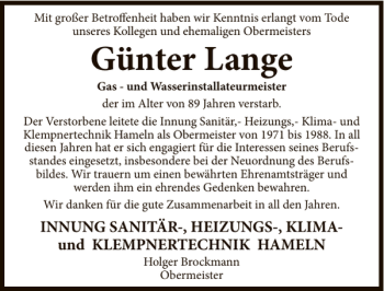 Traueranzeige von Günter Lange von Deister- und Weserzeitung