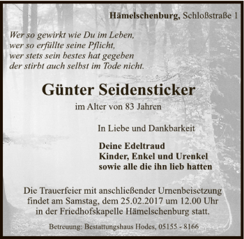 Traueranzeige von Günter Seidensticker von Deister- und Weserzeitung