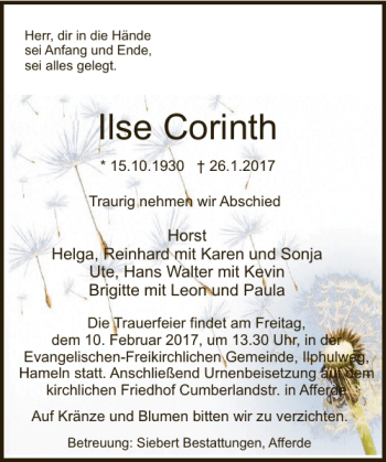 Traueranzeige von Ilse Corinth von Deister- und Weserzeitung