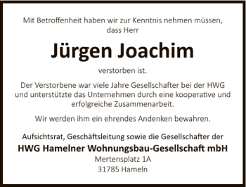 Traueranzeige von Jürgen Joachim von Deister- und Weserzeitung