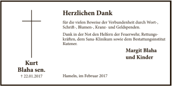 Traueranzeige von Kurt Blaha von Deister- und Weserzeitung