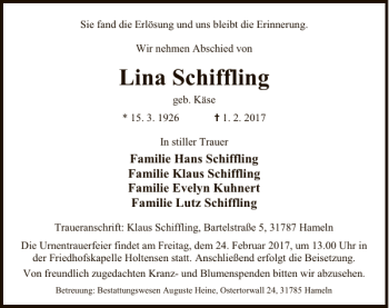 Traueranzeige von Lina Schiffling von Deister- und Weserzeitung