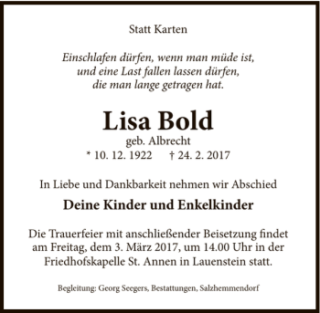 Traueranzeige von Lisa Bold von Deister- und Weserzeitung