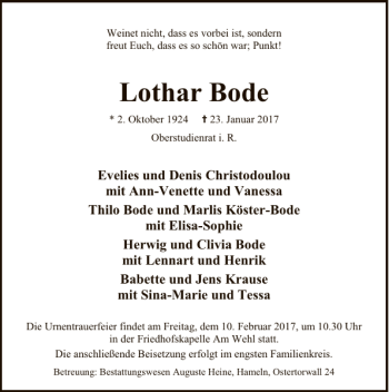 Traueranzeige von Lothar Bode von Deister- und Weserzeitung