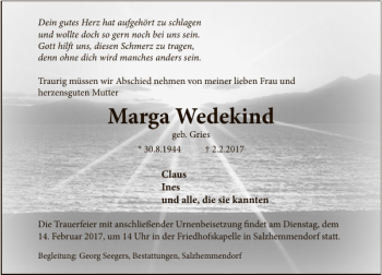 Traueranzeige von Marga Wedekind von Deister- und Weserzeitung