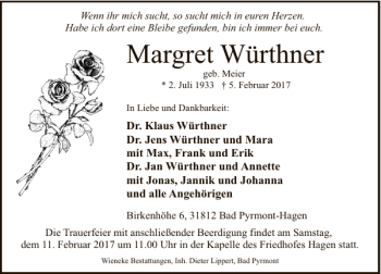 Traueranzeige von Margret Würthner von Deister- und Weserzeitung