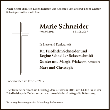 Traueranzeige von Marie Schneider von Deister- und Weserzeitung