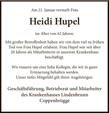 Traueranzeige von Nachruf Heidi Hupel von Deister- und Weserzeitung