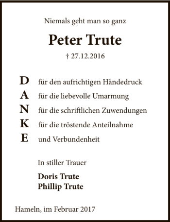 Traueranzeige von Peter Trute von Deister- und Weserzeitung