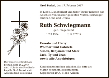 Traueranzeige von Ruth Schwiegmann von Deister- und Weserzeitung