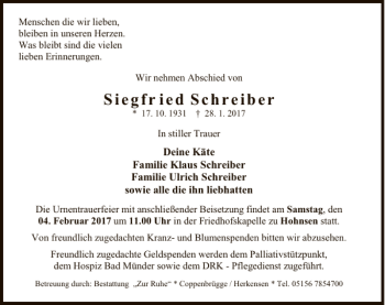 Traueranzeige von Siegfried Schreiber von Deister- und Weserzeitung