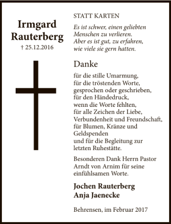 Traueranzeige von TD Irmgard Rauterberg von Deister- und Weserzeitung