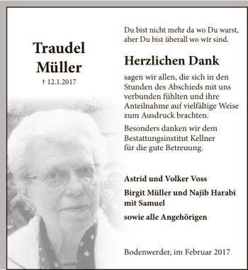 Traueranzeige von Traudel Müller von Deister- und Weserzeitung