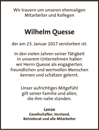 Traueranzeige von Wilhelm Quesse von Deister- und Weserzeitung
