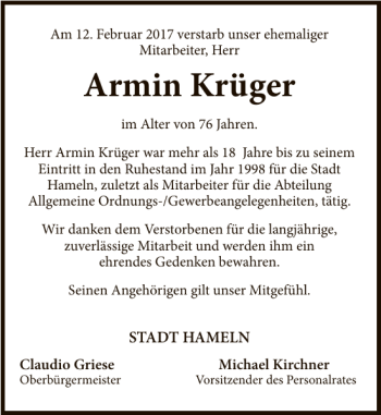 Traueranzeigen Von Armin Krüger | Trauerportal Ihrer Tageszeitung