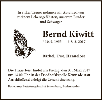 Traueranzeige von Bernd Kiwitt von Deister- und Weserzeitung