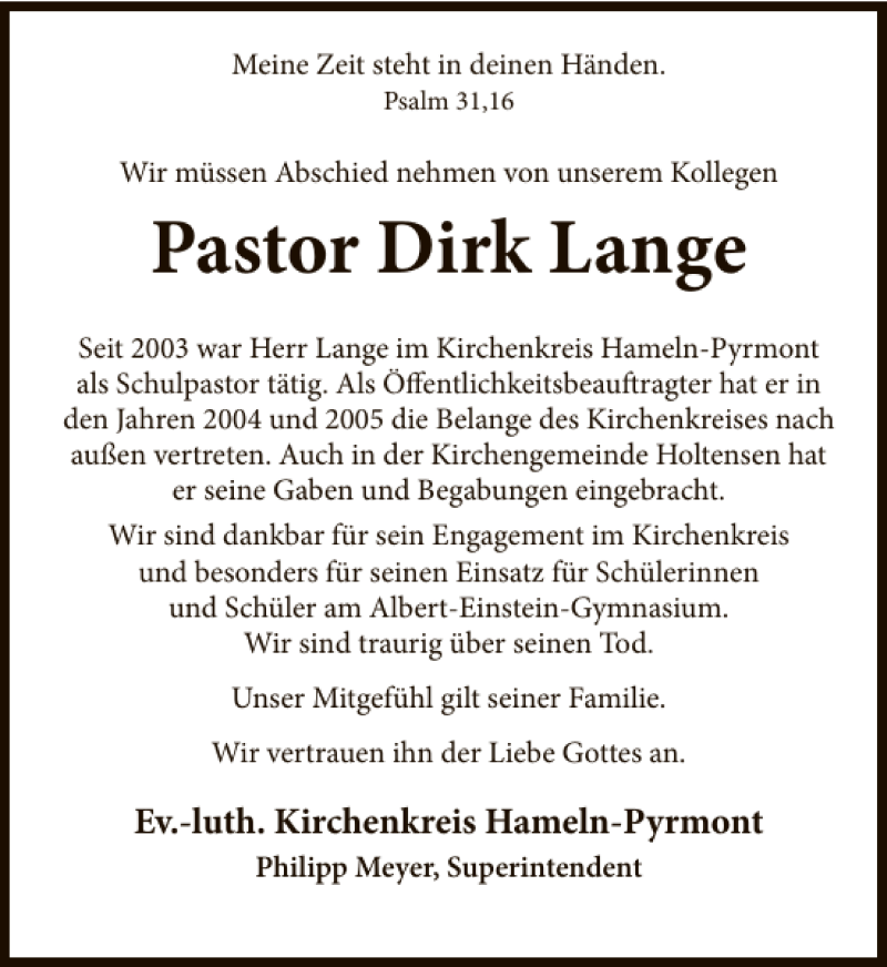  Traueranzeige für Dirk Lange vom 22.03.2017 aus Deister- und Weserzeitung