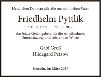 Traueranzeige von Friedhelm Pyttlik von Deister- und Weserzeitung
