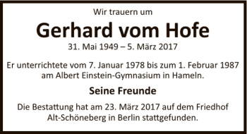 Traueranzeige von Gerhard vom Hofe von Deister- und Weserzeitung