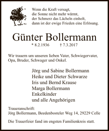 Traueranzeige von Günter Bollermann von Deister- und Weserzeitung
