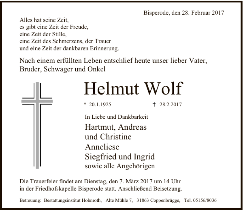  Traueranzeige für Helmut Wolf vom 03.03.2017 aus Deister- und Weserzeitung