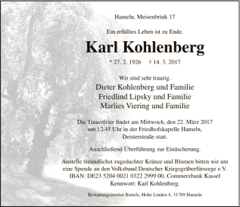 Traueranzeige von Karl Kohlenberg von Deister- und Weserzeitung
