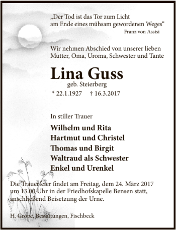 Traueranzeige von Lina Guss von Deister- und Weserzeitung