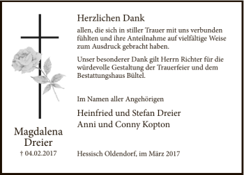 Traueranzeige von Magdalena Dreier von Deister- und Weserzeitung